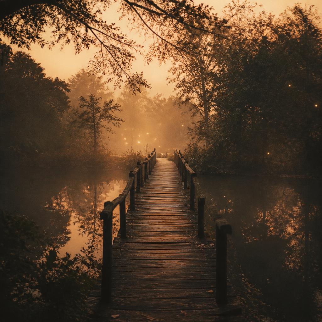 A wooden boardwalk over still water through a misty forest at golden dusk, fireflies glinting in the air